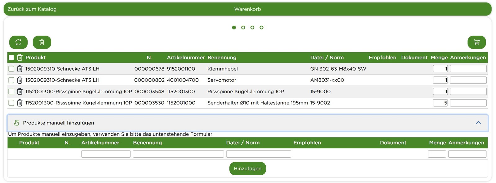 Warenkorb im ESOMATEC Ersatzteilkatalog zur Zusammenstellung einer Anfrage