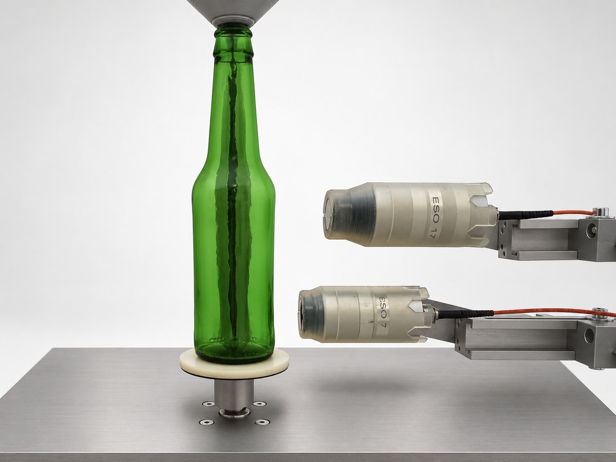 ESO 17 und ESO 7 Messköpfe an einer grünen Glasflasche auf der Rotierstation
