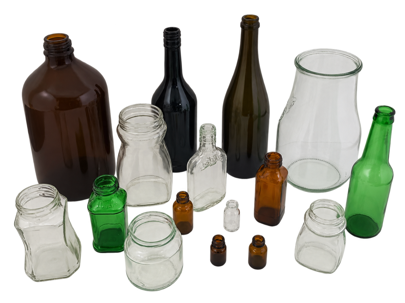Hohlglasbehälter in unterschiedlichen Formen, Größen und Glasfarben